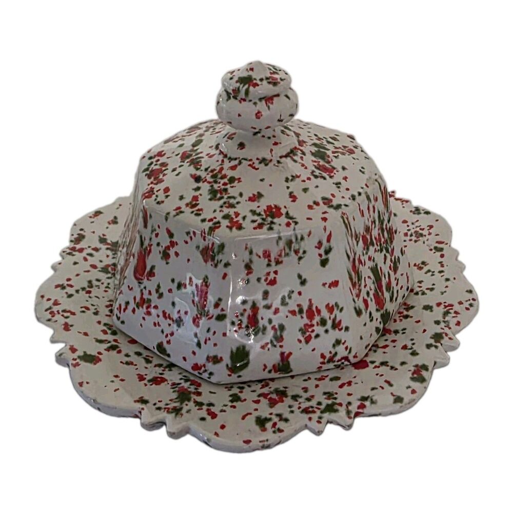 Red Green Spongeware Christmas Holiday Covered Ceramic Cheese Butter Dish